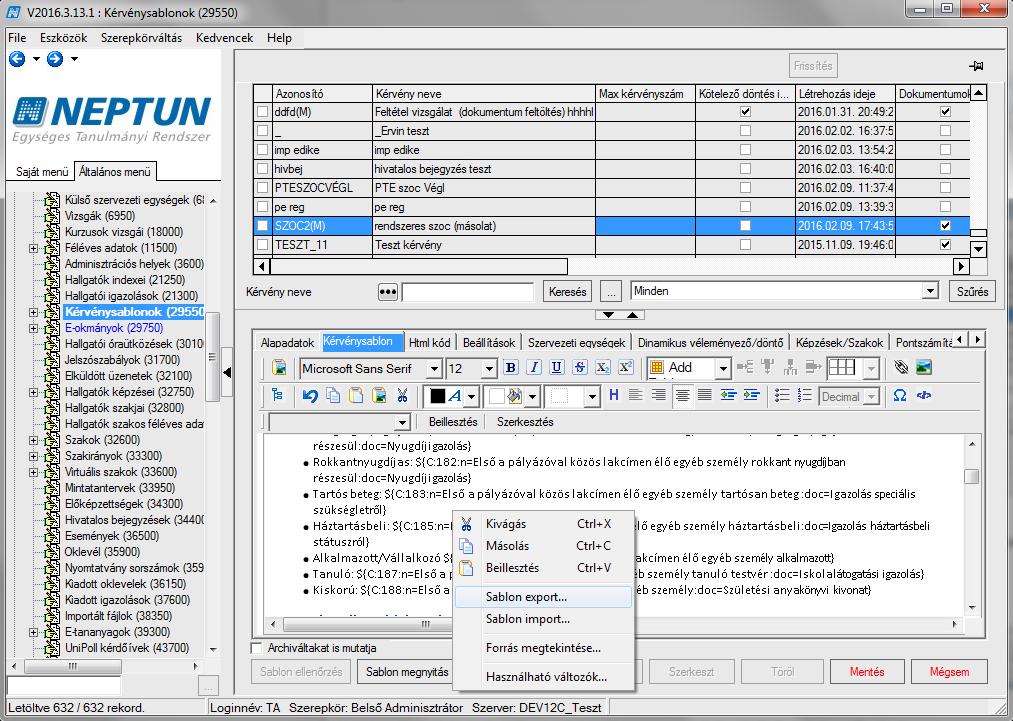 Kérvény sablon export 1.1.15.