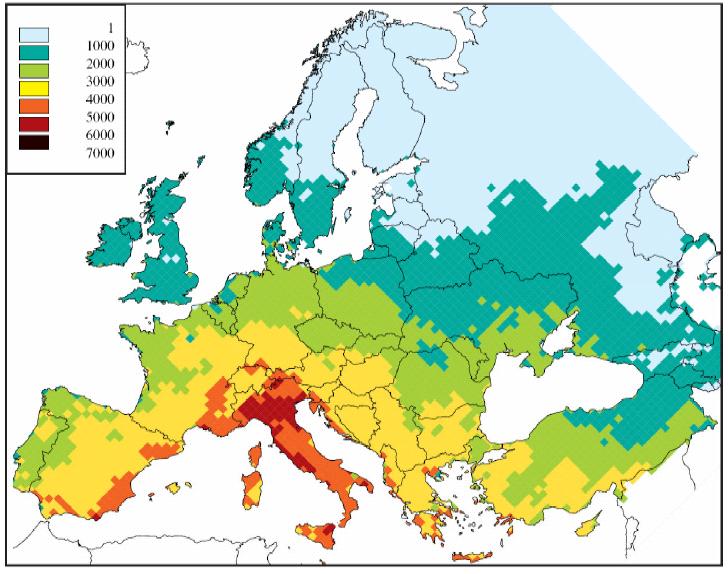 Ózon SOMO35* a 2000. évi emissziók alapján (ppb.