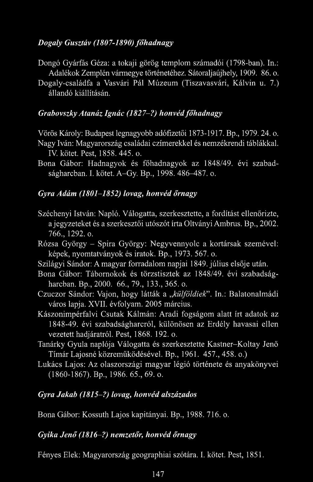 , 1979. 24. o. Nagy Iván: Magyarország családai czímerekkel és nemzékrendi táblákkal. IV. kötet. Pest, 1858. 445. o. Bona Gábor: Hadnagyok és főhadnagyok az 1848/49. évi szabadságharcban. I. kötet. A-Gy.