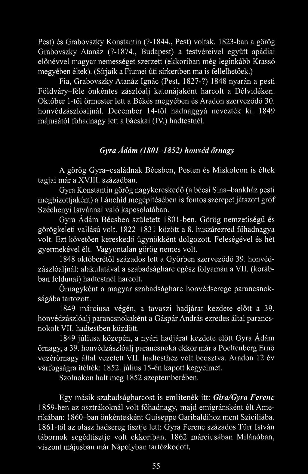 ) Fia, Grabovszky Atanáz Ignác (Pest, 1827-7) 1848 nyarán a pesti Földváry-féle önkéntes zászlóalj katonájaként harcolt a Délvidéken.