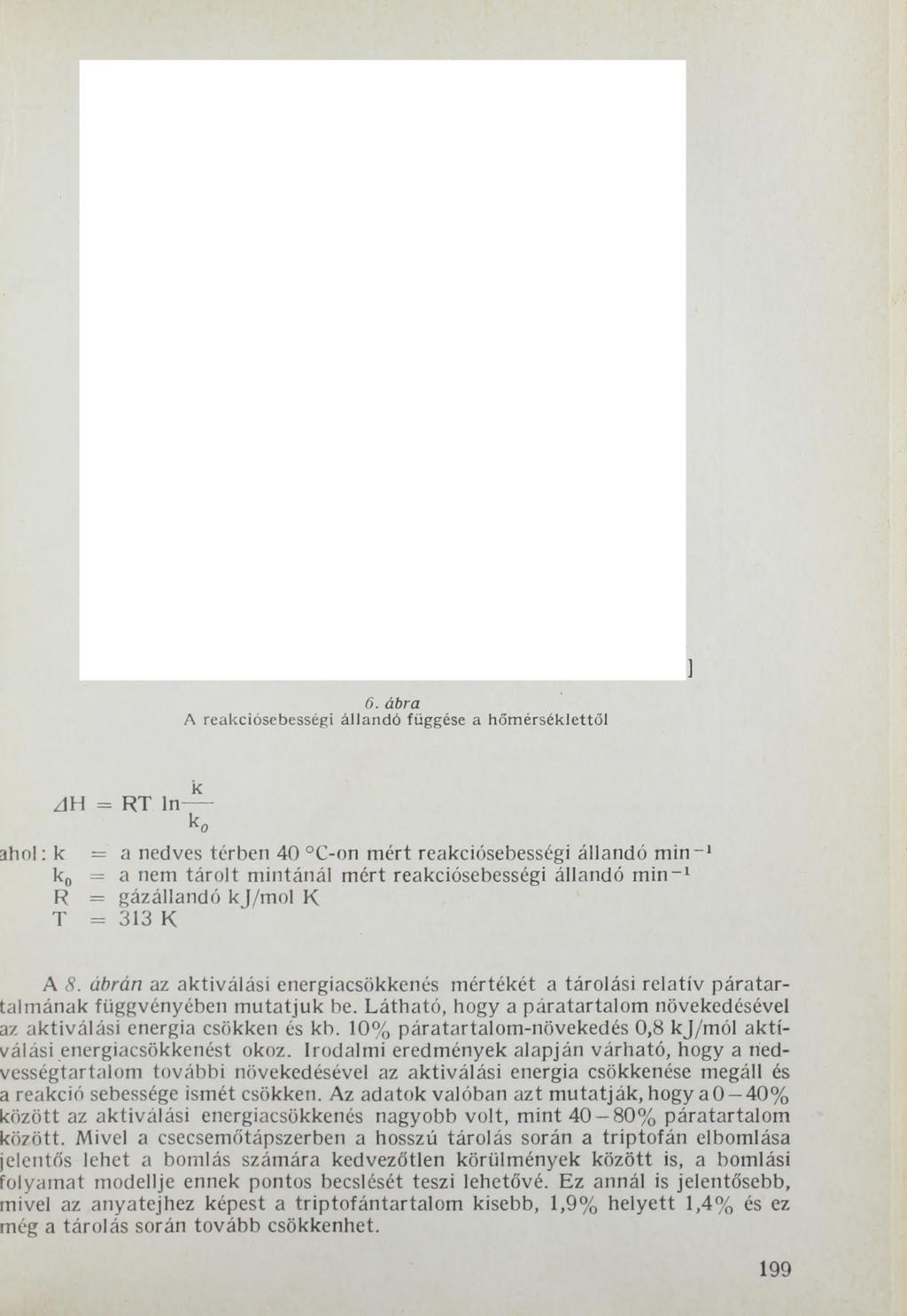 6. ábra A reakciósebességi állandó függése a hőmérséklettől АИ = RT In ko ahol: к =" a nedves térben 40 C-on mért reakciósebességi állandó min-1 k0 = a nem tárolt mintánál mért reakciósebességi