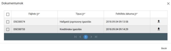 A ikonnal az adatlappal kapcsolatos események megtekintésére van lehetőség (úgymint az Ösztöndíjas által végzett véglegesítés, a Klebelsberg Központba beérkezés (postai érkeztetés), az adategyeztetés