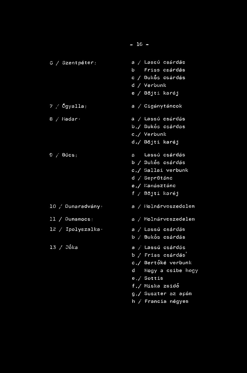 - 16 - C / Szentpéter,- a /' Lassú csárdás b Friss csárdás c / Bukós csárdás d / Verbunk e / Böjti karéj 7 / őgyalla; a / Cigánytáncok 8 / Hadar- a / Lassú csárdás b./ Bukós csárdás c.