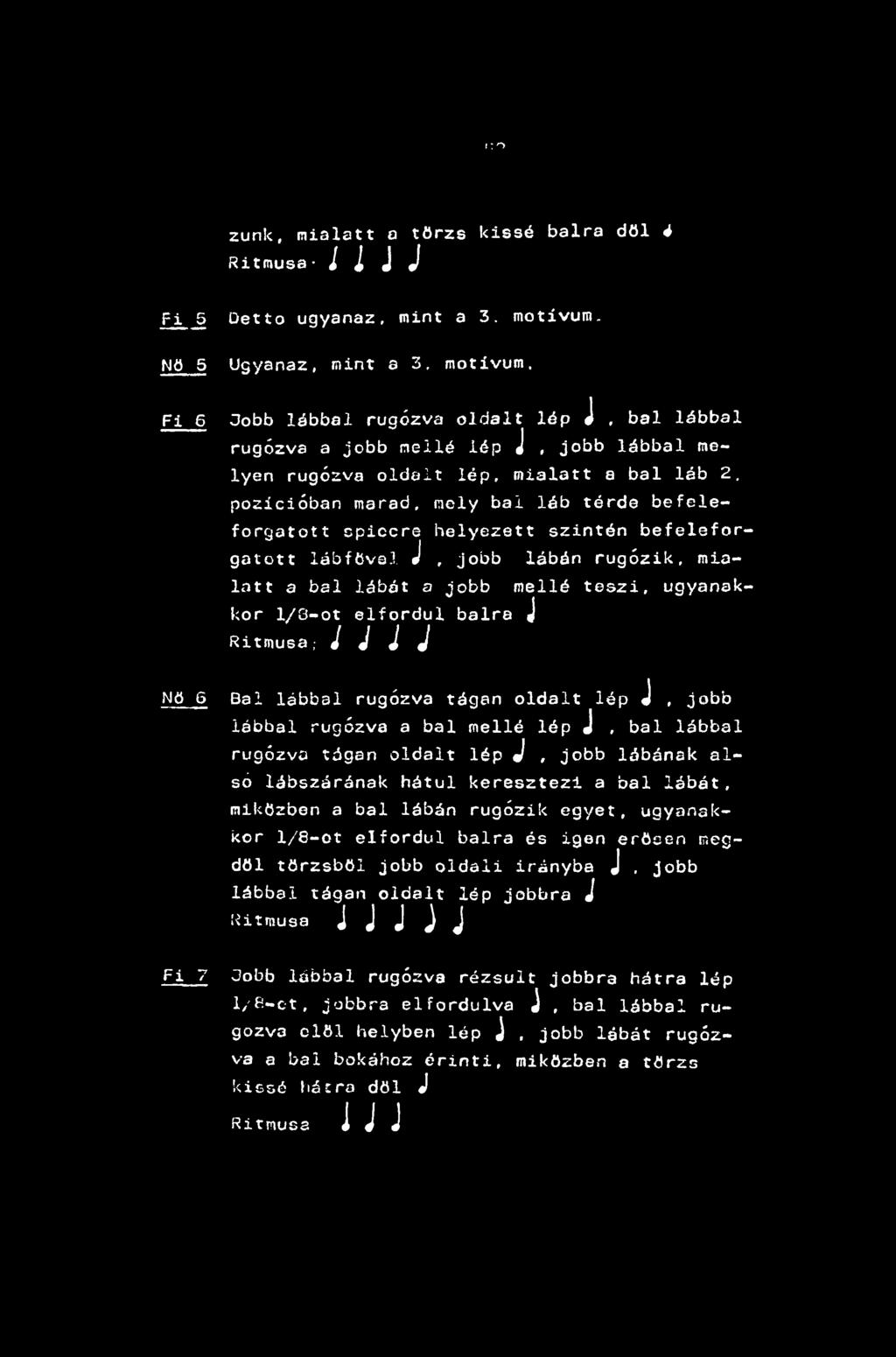 t:^ zunk, mialatt a törzs kissé balra dől 4 Ritmusa- J ^ J J Fi 5 Detto ugyanaz, mint a 3. motívum. Nő 5 Ugyanaz, mint a 3. motívum. Fi 6 Jobb lábbal rugózva oldalt lép J.