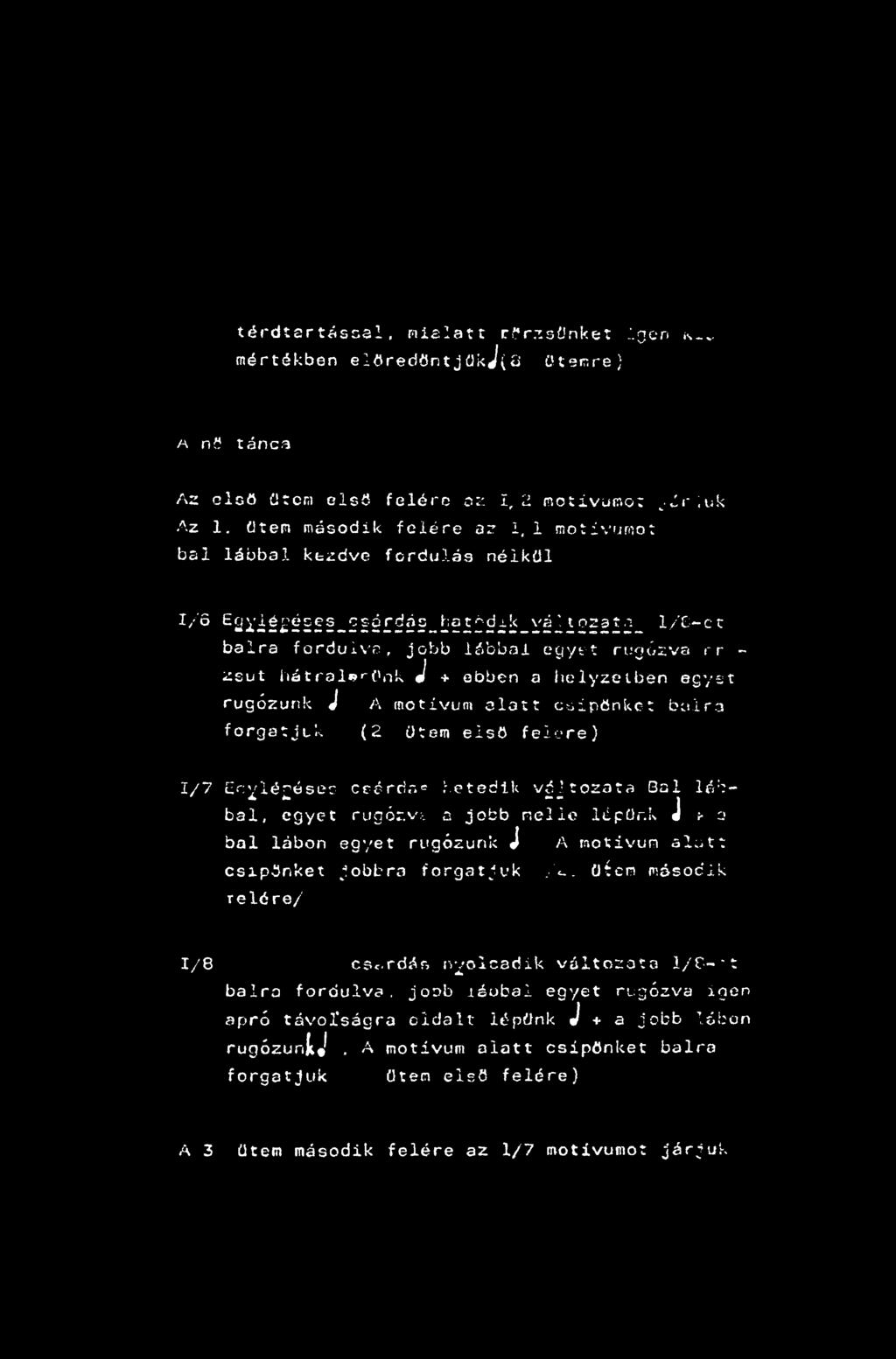 ! l/'c-ct balra fordulva, jobb lábbal egyt'-t rugózva rr - sut hátral^^pnk J + ebben a helyzetben egyst rugózunk J A motívum alatt csípőnket balra forgatjuk (2 ütem első felére) 1/7 Crylé^óser