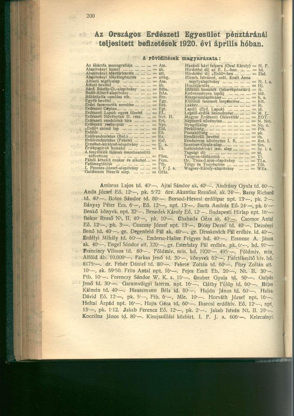 Az Országos Erdészeti Egyesület pénztáránál teljesített befizetések 1920. évi április hóban. Az ákáczfa monográfiája Alapítványi kamat Alapítványi tőketörlesztés.