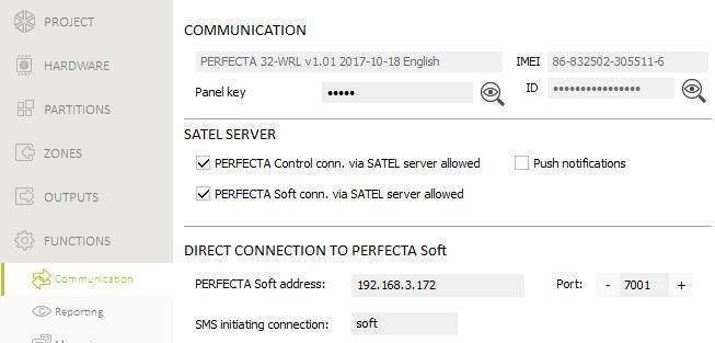 34 PERFECTA SATEL 8. Kommunikáció Panel kulcs [01.PERFECTA kulcs] vezérlőpanel azonosítója. Max. 16 alfanumerikus karakter (számok, betűk és speciális karakterek) vihetők be.