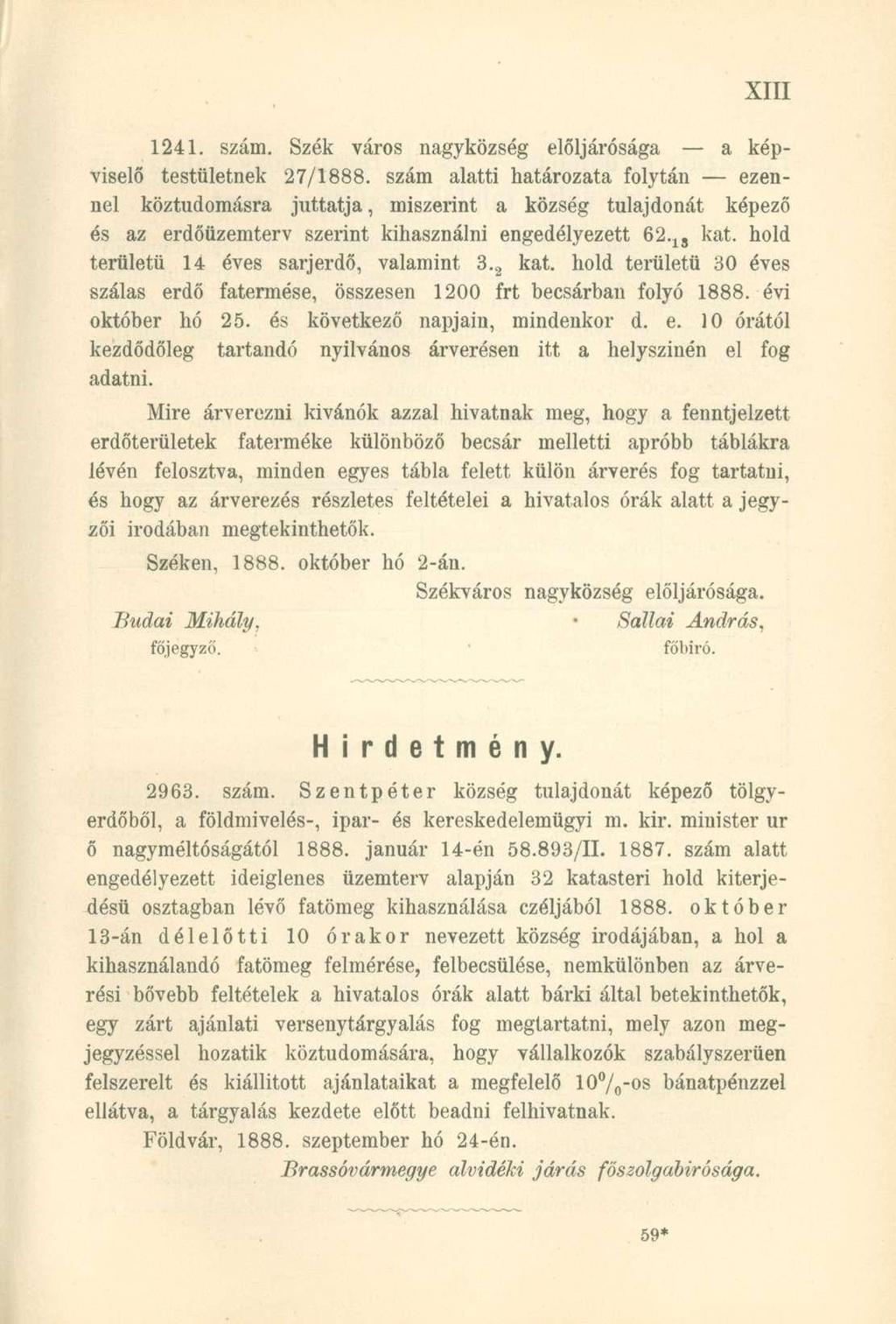 1241. szám. Szék város nagyközség elöljárósága a képviselő testületnek 27/1888.
