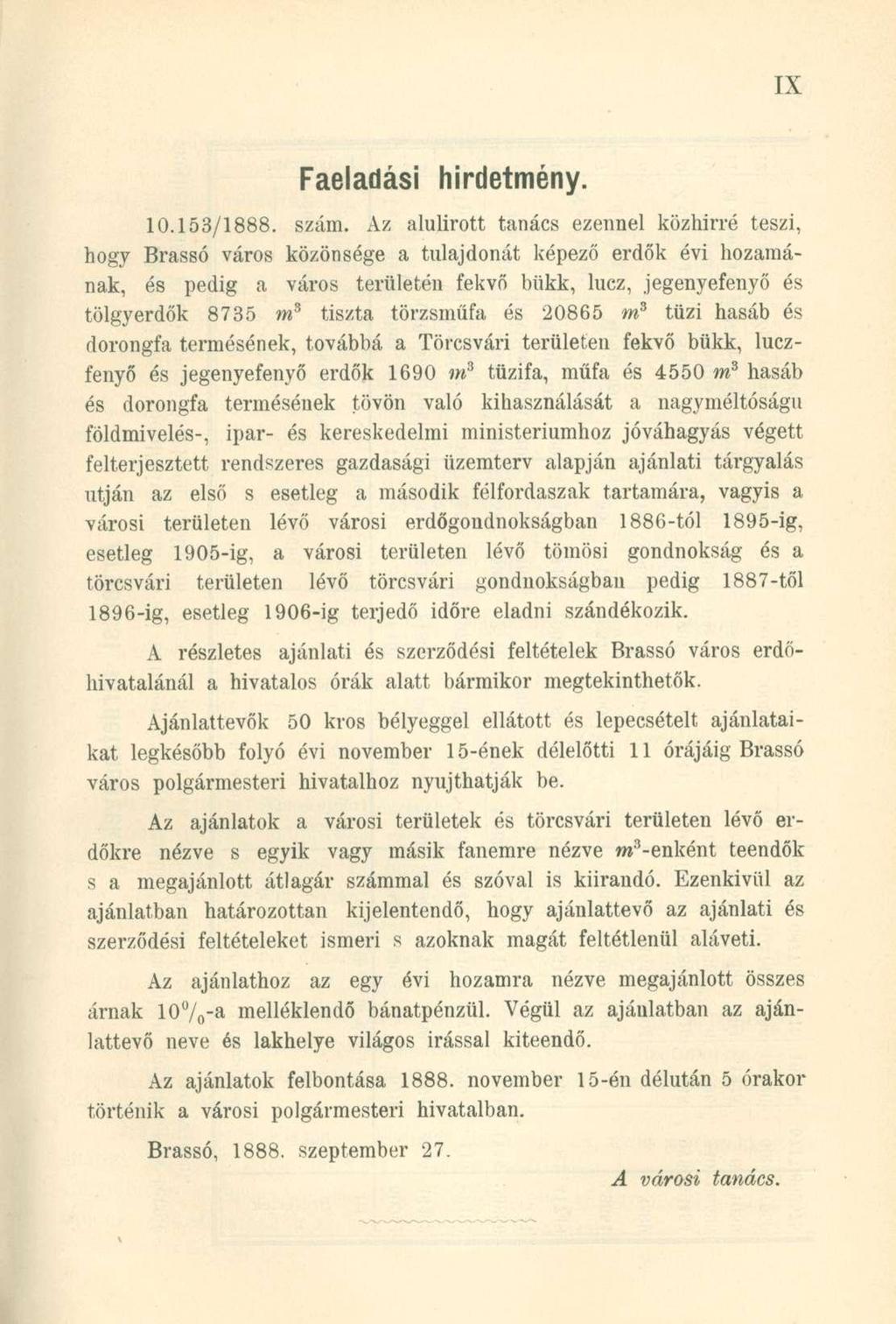 Faeladási hirdetmény. 10.153/1888. szám.