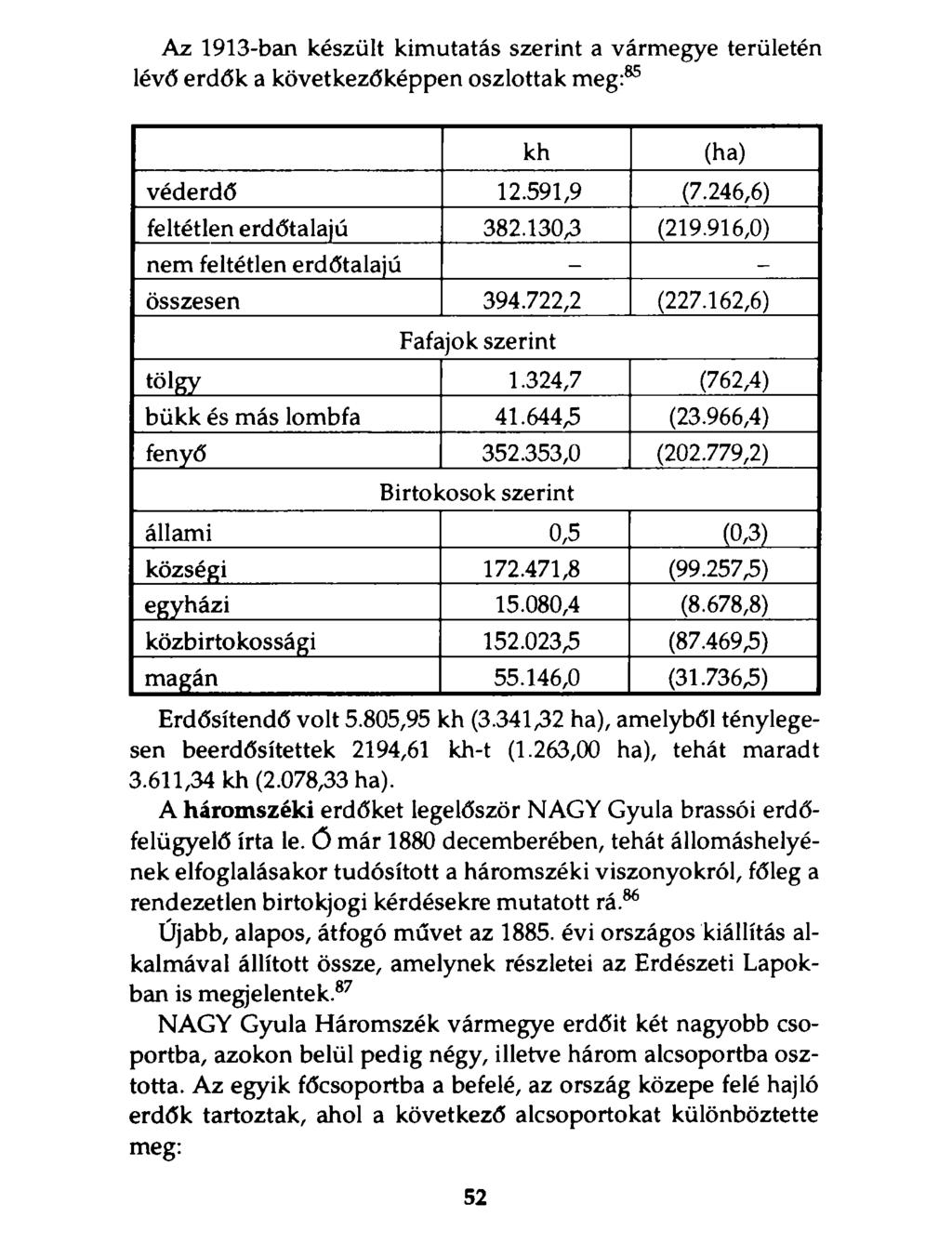 Az 1913-ban készült kimutatás szerint a vármegye területén lévő erdők a következőképpen oszlottak meg:85 kh (ha) véderdő 12.591,9 (7.246,6) feltétlen erdőtalajú 382.130,3 (219.