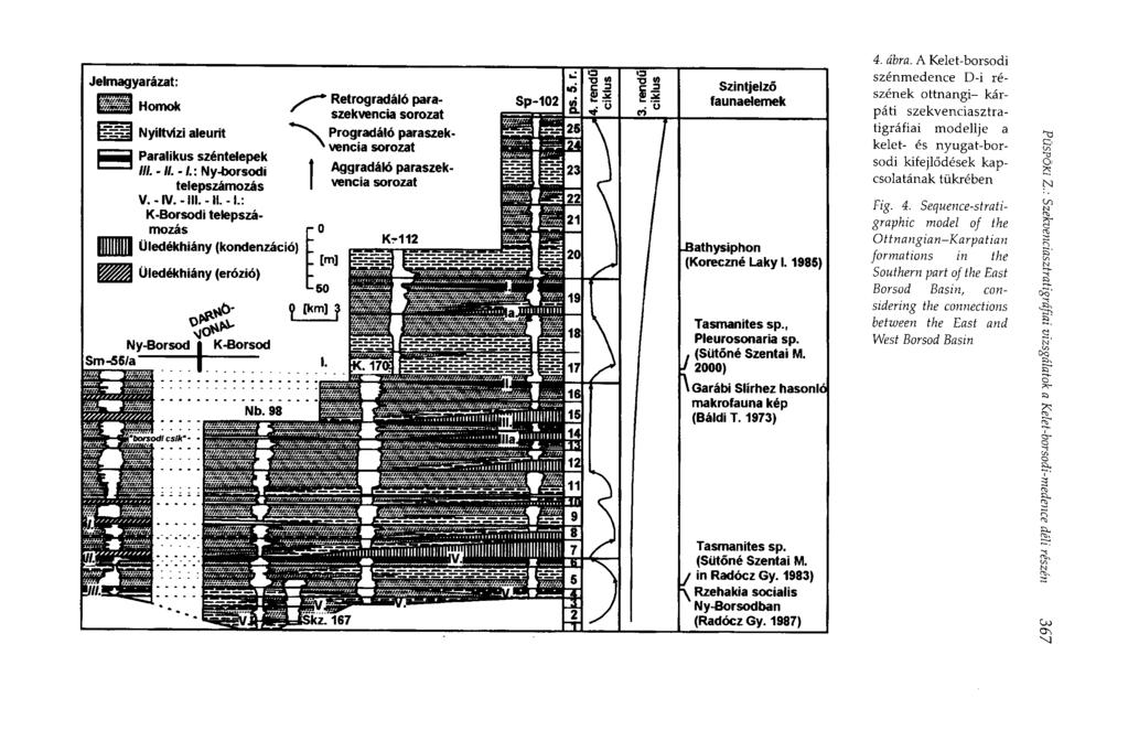 4. ábra. A Kelet-borsodi szénmedence D-i részének ottnangi- kárpáti szekvenciasztratigráfiai modellje a kelet- és nyugat-borsodi kifejlődések kapcsolatának tükrében Fig. 4.