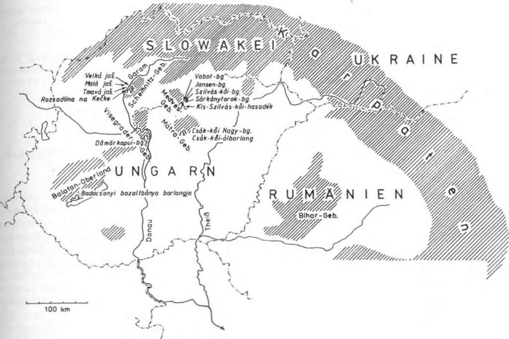 6. ábra. A Kárpát-medence ismert konzekvenciabarlangjai 1997-ben Ezeket természetes barlangoknak kell tekinteni, mert a kőzetben felgyülemlett feszültségek kiegyenlítődésével alakultak.