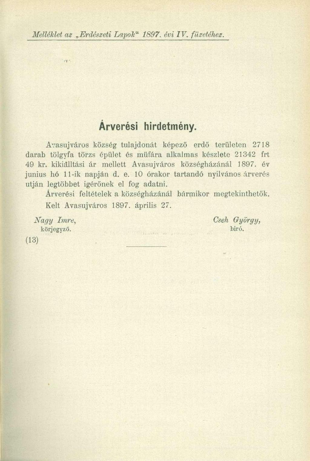 Melléklet az Erdészeti Lapok" 1897. évi IV. füzetéhez. Árverési hirdetmény.