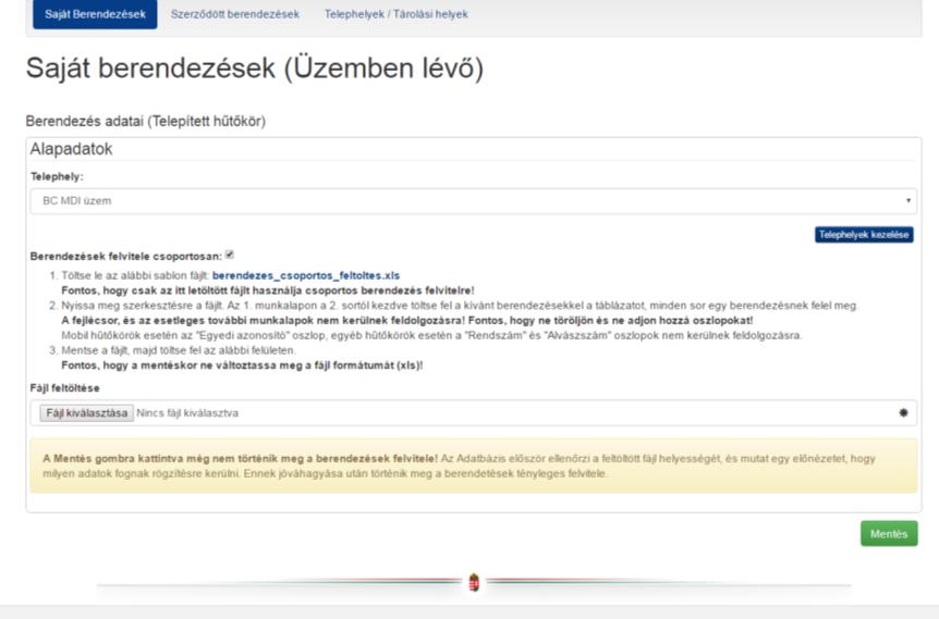 A berendezések csoportos felviteléhez jelölje ki a Berendezések felvitele csoportosan jelölőnégyzetet! 1. Ezt követően a szöveges részben található hivatkozásra kattintva töltse le a sablon fájlt (4.