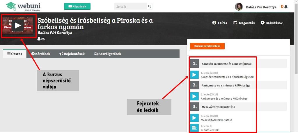Még a Népmese a KMOOC keretrendszerében fut, addig a Szóbeliség és írásbeliség a Piroska és a farkas nyomán (továbbiakban SZPF) a magyar fejlesztésű Webunin érhető el.