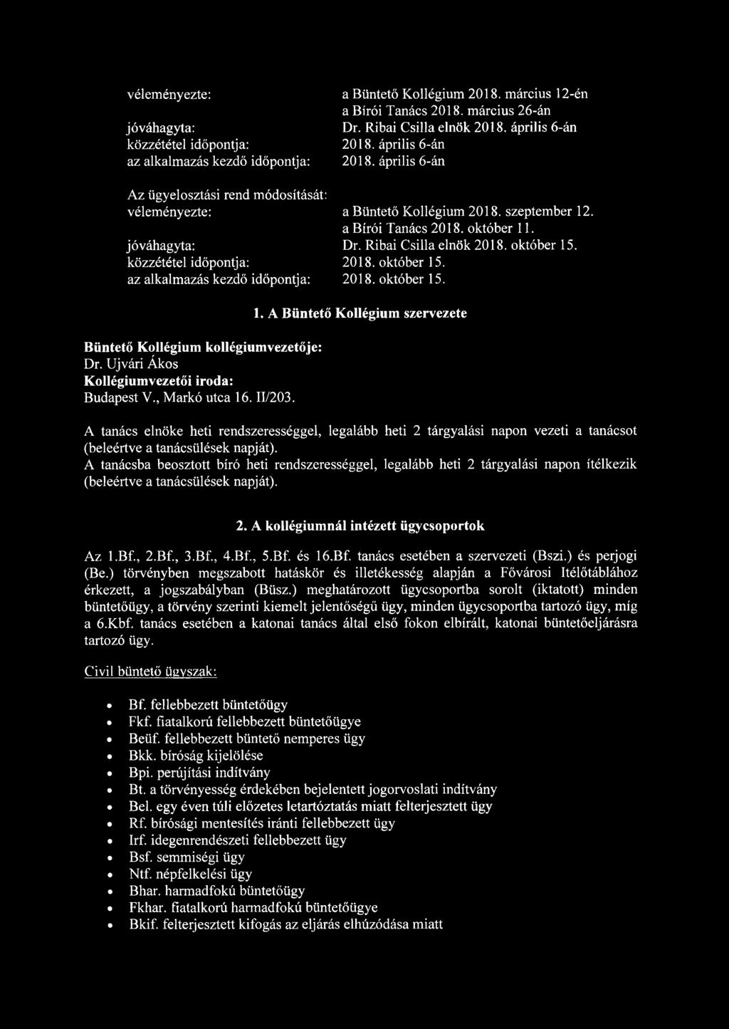 a Bírói Tanács 2018. október 11. Dr. Ribai Csilla elnök 2018. október 15. 2018. október 15. 2018. október 15. Büntető Kollégium kollégiumvezetője: Dr. Újvári Ákos Kollégiumvezetői iroda: Budapest V.