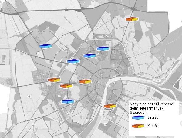 Szegeden jelenleg működnek, épülnek, vagy kijelölésre kerültek az alábbi térképen látható bevásárló központok: Mint látható, a bevásárlóközpontok elhelyezkedése alkalmazkodik a nagy árvíz után