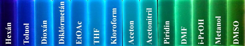 Új, izocianocsoportot tartalmazó aromás szolvatokróm fluorofórok NH 2 NH 2 52 5 NH 2 KOH, CHCl 3 Toluene, EtOH, H 2 O Reflux C N lem,max(nm) 48 46 44 42 ICAN 4 2 4 6 8 e r Pozitív szolvatokróm