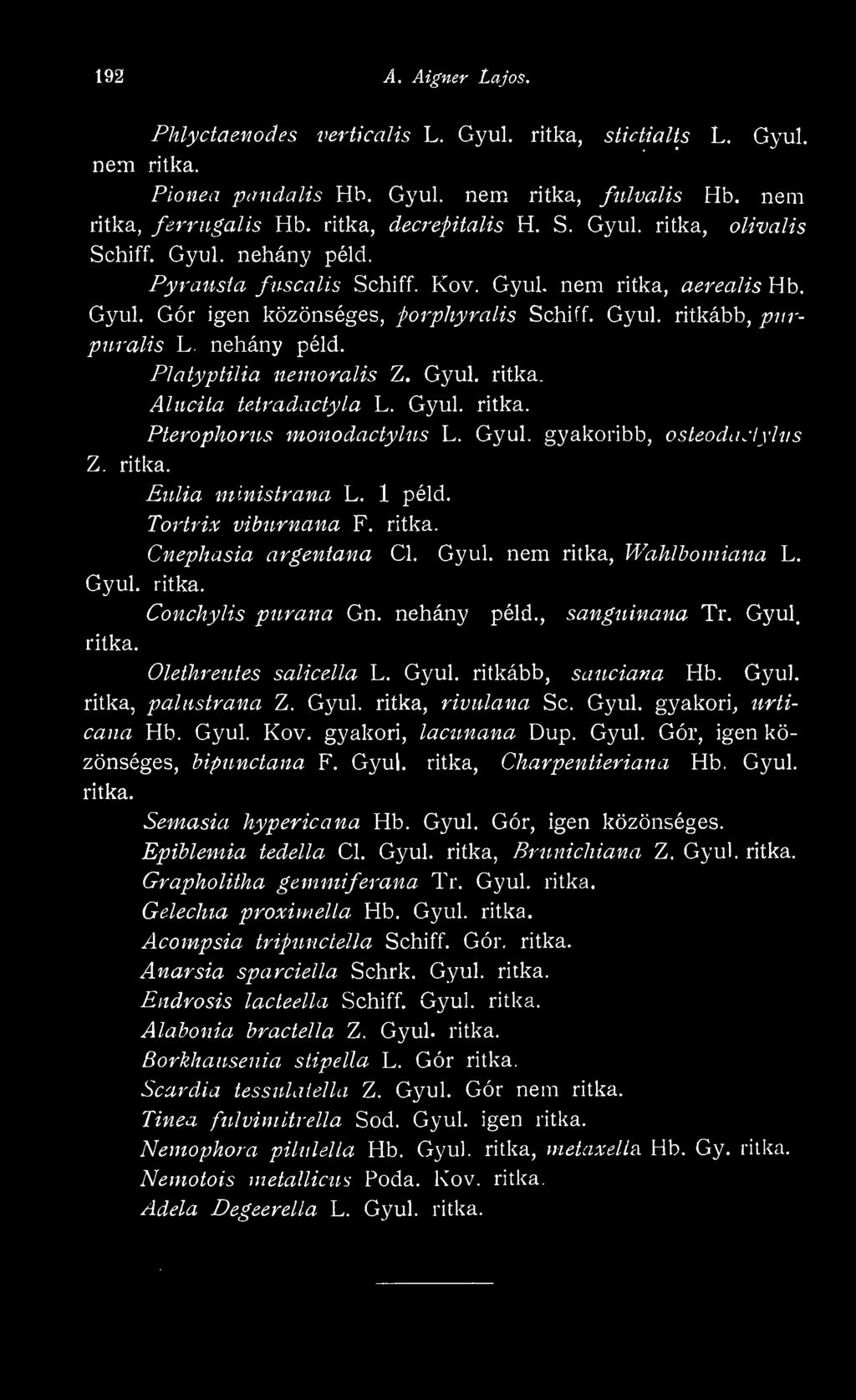 Gyúl. Aludta tetradactyla L. Gyúl. Pterophorns monodactylus L. Gyúl. gyakoribb, osteodiulyliis Eulia ministrana L. 1 péld. Tortrix vibtirnana F. Cnephasia argentana Cl. G3'ul.