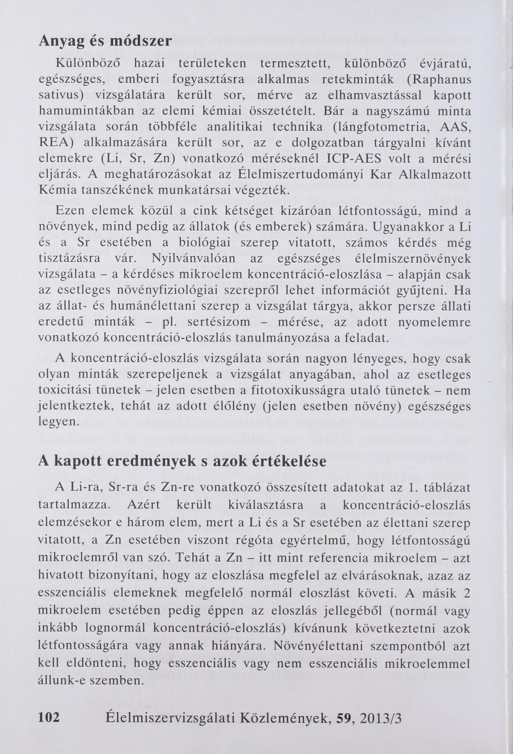 Anyag és módszer Különböző hazai területeken termesztett, különböző évjáratú, egészséges, emberi fogyasztásra alkalmas retekminták (Raphanus sativus) vizsgálatára került sor, mérve az elhamvasztással