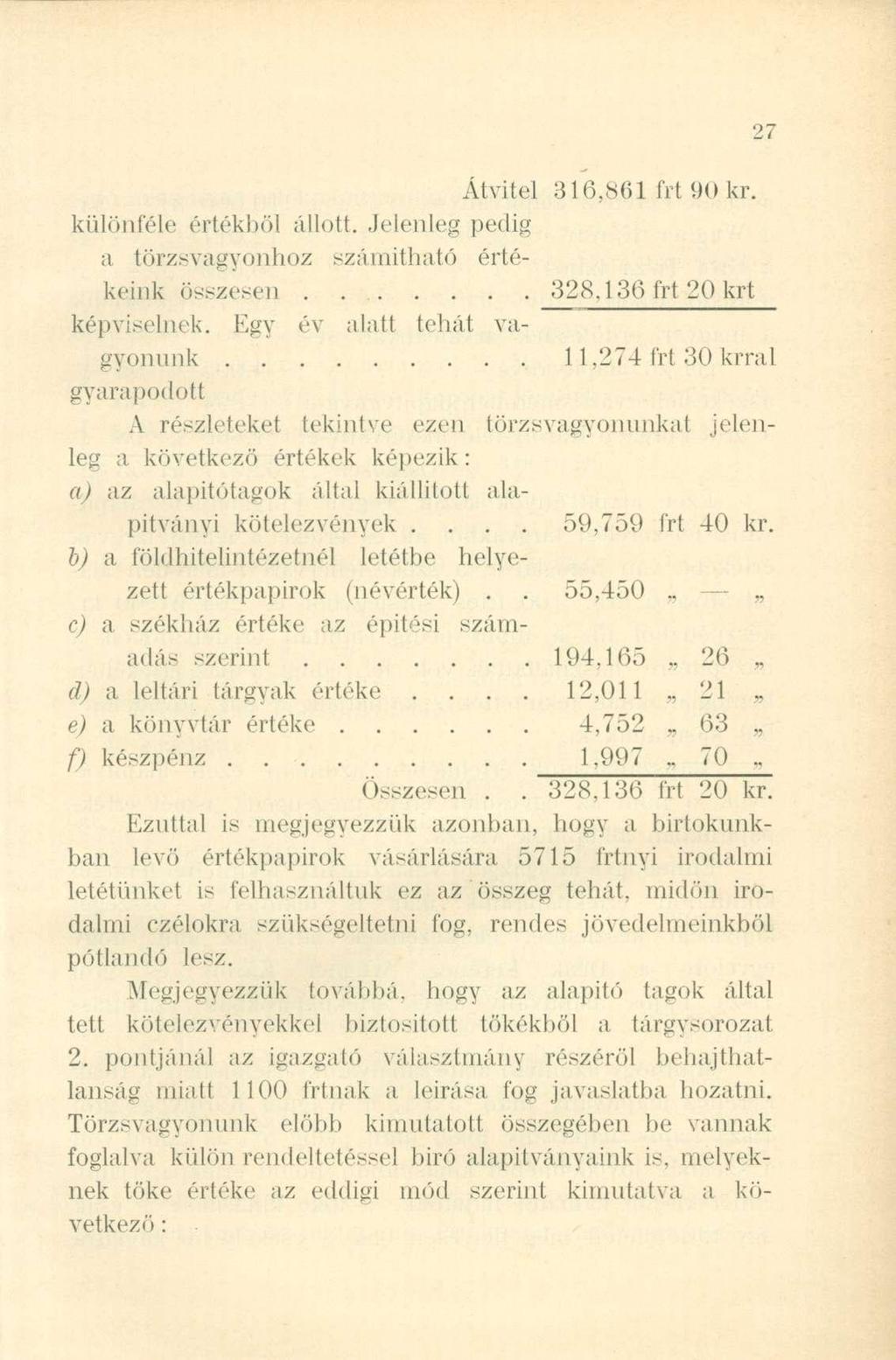 Átvitel 316,861 frt 90 kr. különféle értékből állott. Jelenleg pedig a törzsvagyonhoz számitható értékeink összesen 328,136 frt 20 krt képviselnek.