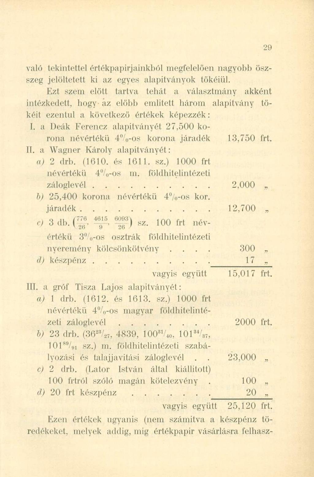 való tekintettel értékpapírjainkból megfelelően nagyobb őszszeg jelöltetett ki az egyes alapítványok tökéiül.