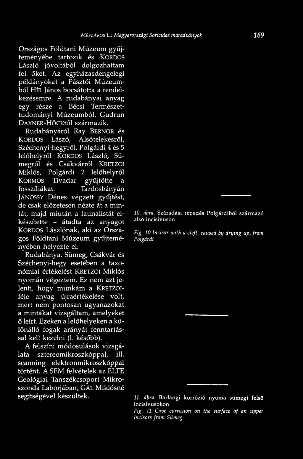 Rudabányáról Ray BERNOR és KORDOS Lászó, Alsótelekesről, Széchenyi-hegyről, Polgárdi 4 és 5 lelőhelyről KORDOS László, Sümegről és Csákvárról KRETZOI Miklós, Polgárdi 2 lelőhelyről KORMOS Tivadar