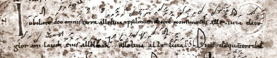 psalmum esetében, az alleluia fölött torculus liquescens. A date fölött clivis és tractulus clivis quassával; gloriam fölött epiphonus; a laudis fölött oriscus.