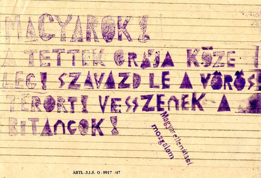 A békéscsabai közgazdasági technikumban végzett tanulók kézírását is átnézették, mert csak ebben az iskolában használtak a megyében olyan gyorsírófüzetet, amit 1953-ban alkalmaztak a röplapok