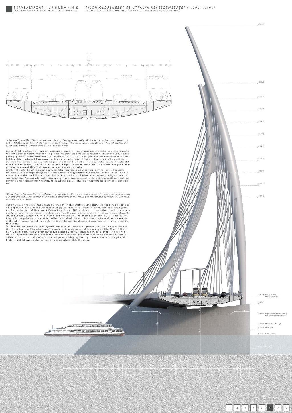 TABLÓK: Antimetrikus, kétpilonos ferdekábeles híd alaprajzilag íves, inflexiós pályaalak, íves pilonalak, hiperbolikus kábelképű, két kábelsík 120 m magas pilon 5 m átmérővel, a 100 m magas párja 4,5