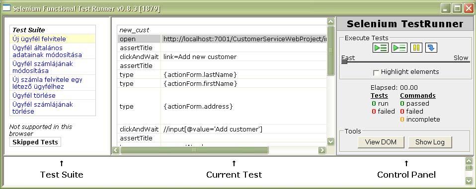 Selenium Core A rögzített teszteseteket html formátumba mentettem el.