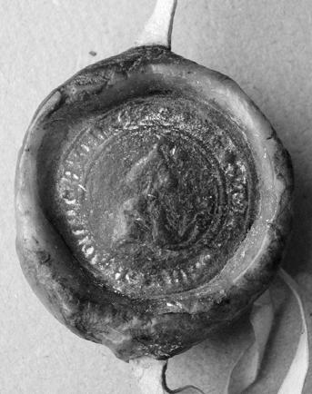 (8) Leustachius banus Sclavonie [Paksi Leusták szlavón bán] (3. kép) Kerek, természetes színű viasz pecsétfészekben (átmérő: 48 52 mm) kerek, természetes színű pecsét (átmérő: 34 mm).