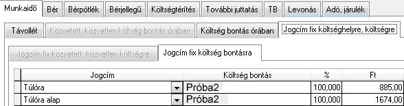 Ha visszakattintunk a Munkaidő/ Költség bontás órában fülre, akkor azt fogjuk látni, hogy a példánk esetében a Felvitt óraszám: 178 óra (ami már tartalmazza a fixen felosztott túlórákat is).