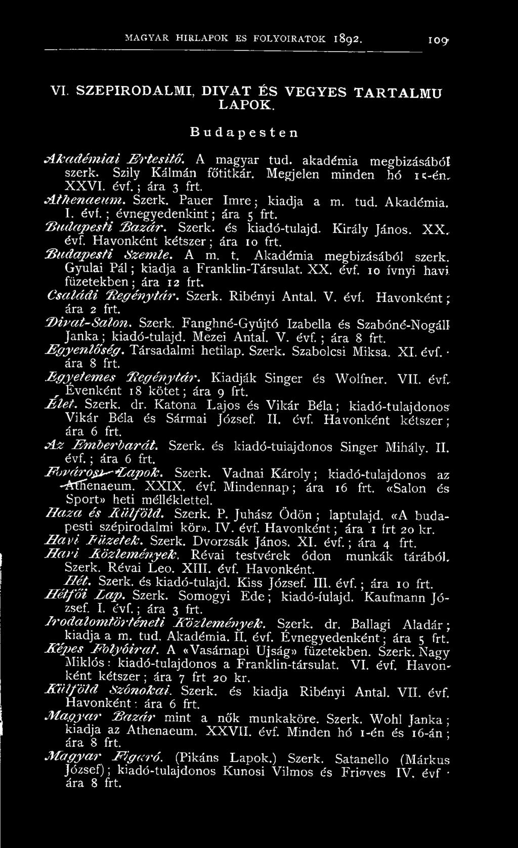 ; évnegyedenkint; ára 5 frt. 'B u d a p esti B a z á r. Szerk. és kiadó-tulajd. Király János. X X, évf. Havonként kétszer; ára 10 frt. S u d a p e s ti