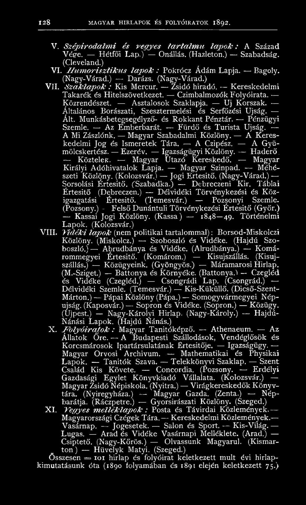 Czimbalmozók Folyóirata. Közrendészet. Asztalosok Szaklapja. Uj Korszak. Általános Borászati, Szesztermelési és Serfőzési Újság. Ált. Munkásbetegsegélyző- és Rokkant Pénztár. Pénzügyi Szemle.