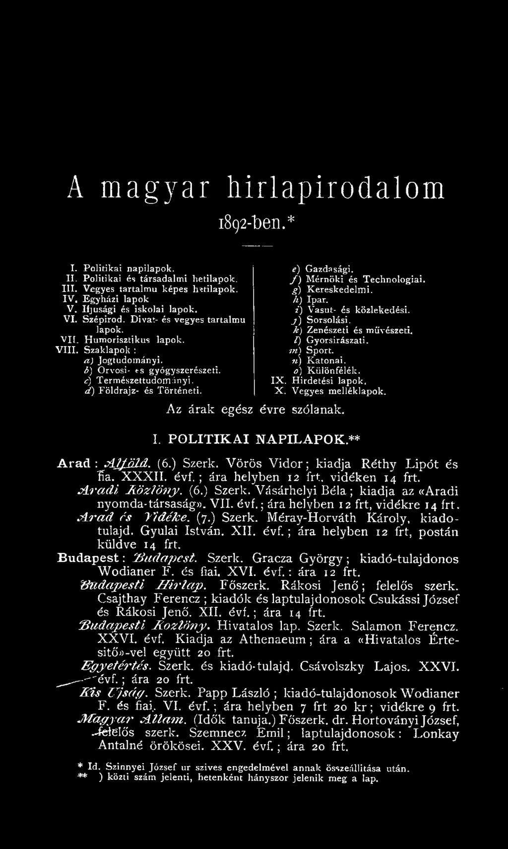 Az árak egész évre szólanak. é) Gazdasági. f ) Mérnöki és Technológiái. g) Kereskedelmi. h) Ipar. i) Vasút- és közlekedési. j ) Sorsolási. k) Zenészeti és művészeti. V) Gyorsirászati. in) Sport.