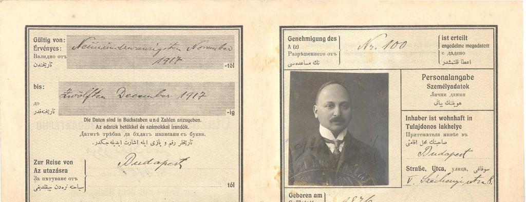 Utóbbi a határátlépések bélyegzéseivel; az okmánnyal a tulajdonosa 1917.