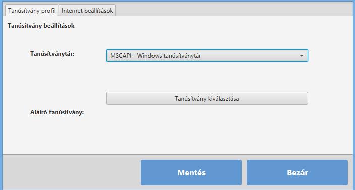 MSCAPI - Windows Tanúsítványtár kiválasztása esetén az alábbi adatokat kell rögzíteni.