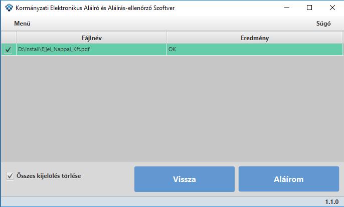 Amennyiben az aláírás eredménye sikertelen az alábbi képernyő