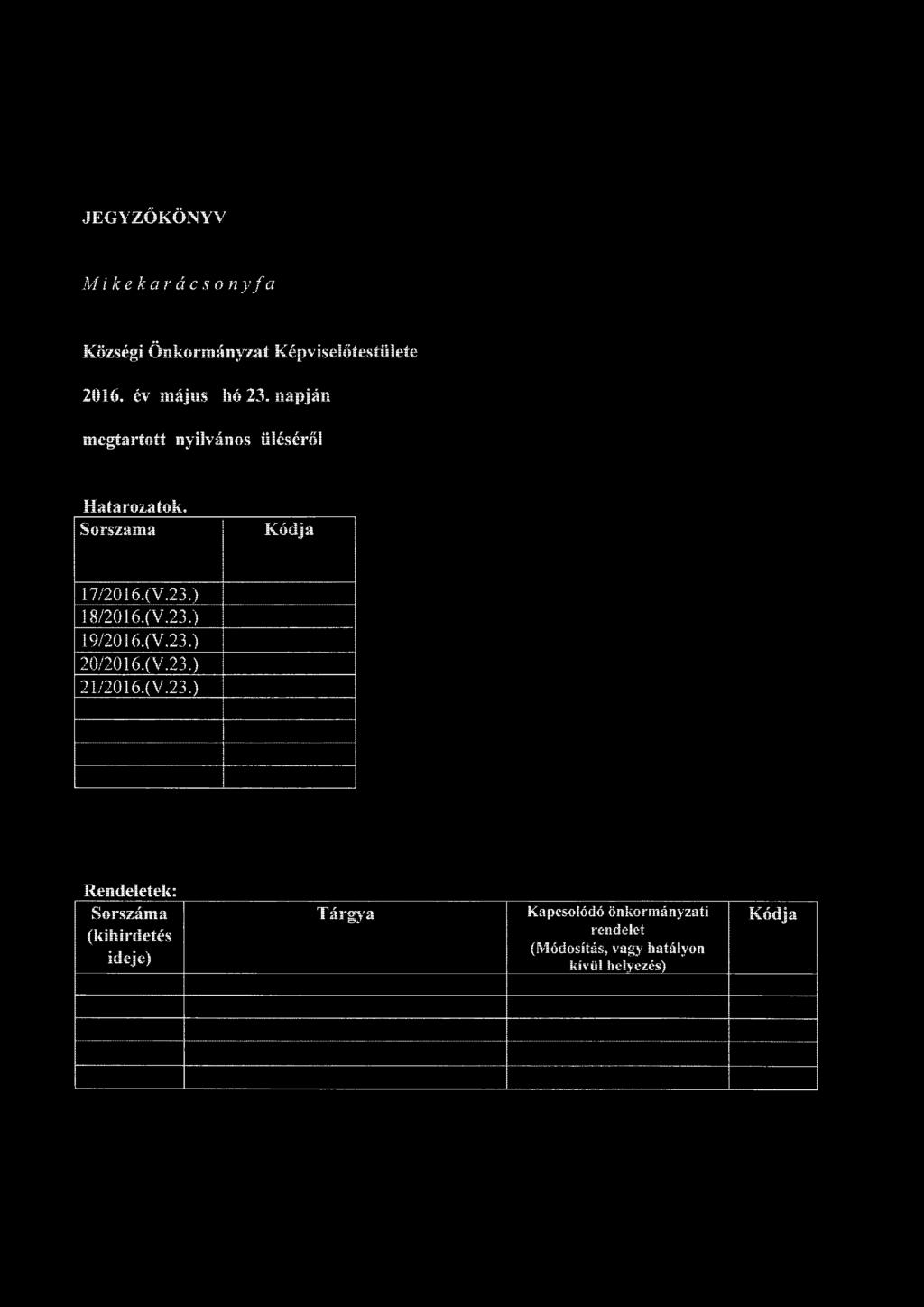 JEGYZŐKÖNYV Mi ke ka rácsonyfa Községi Önkormányzat Képviselőtestülete 2016. év május hó 23. napjáé megtartott nyilvános üléséről J A$i í Ü Í*ÖÍÜj Ítí öli.* Sorszama Kódja 17/2016.(V.23.) 18/2016.