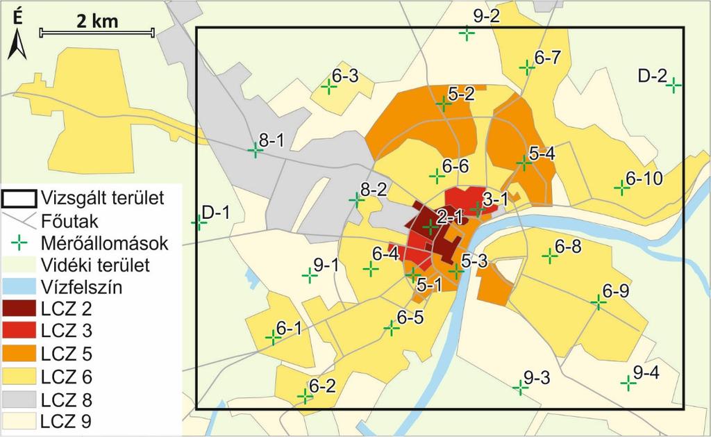 3.3. ábra: Szeged lokális klímazónái a Lelovics Gál-módszer alapján és a szegedi mérőállomáshálózat elemeinek elhelyezkedése (Unger et al.