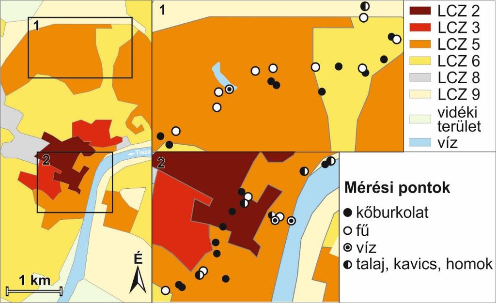 3.10. ábra: A terepi felszínhőmérséklet mérések két mintaterülete és helyszínei (Unger et al.