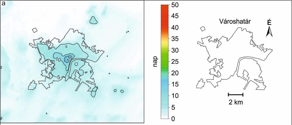 8.6. ábra: A trópusi éjszakák (T min 20 C) számának modellezett területi eloszlása Szegeden és környezetében mérési és klímamodell adatok
