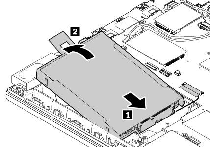 4. Ha az M.2 szilárdtestalapú meghajtó kábelét kihúzta, csatlakoztassa a kábelt az M.2 szilárdtestalapú meghajtó adapteréhez. 5. Tegye a helyére az adaptert 1, majd fordítsa lefelé 2.