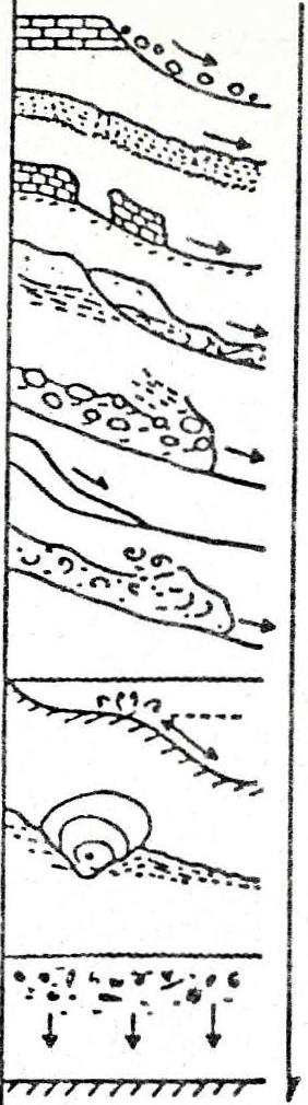 5,ábra. Az üledék mozgásformái és a képződő üledékek mély tengerekben /Stow. 1986/. Fig.5. The main tansport processes and deposits in deepseas/stow, 1986/.