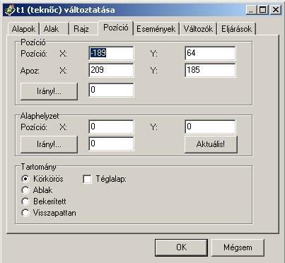 A Pozíció fülön leolvasható a teknőc alappozíciója, azaz az a koordináta ahol létrehoztuk.