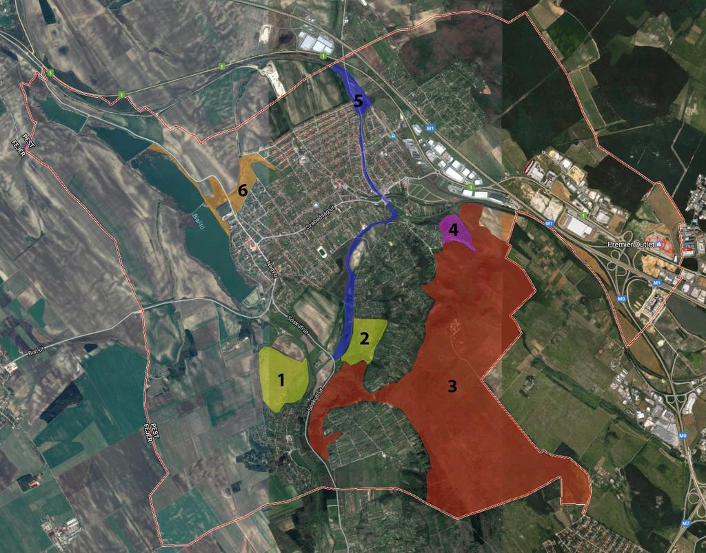 eacta Naturalia Pannonica 16 2018 57 1. ábra. A hat vizsgált terület elhelyezkedése Biatorbágy város környékén a közigazgatási határokon belül. 1. Bolha-hegy; 2.