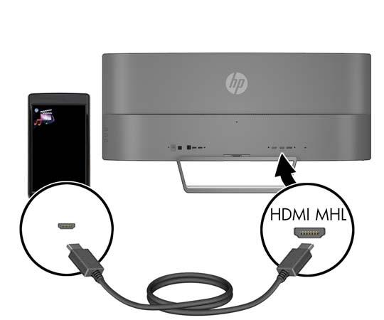 Csatlakoztasson MHL kábelt a HDMI MHL porthoz a monitor hátoldalán, és a mikro USB-porthoz az MHL képes forráseszközön például okostelefonon vagy táblagépen a mobileszköz tartalmának monitorra való