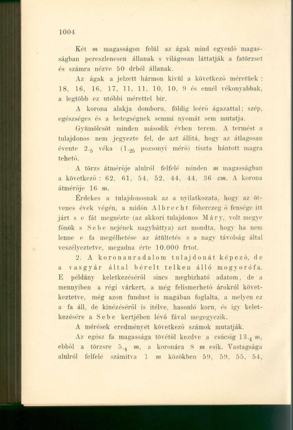 Két m magasságon felül az ágak mind egyenlő magasságban pereszlenesen állanak s világosan láttatják a fatörzset és számra nézve 50 drből állanak.