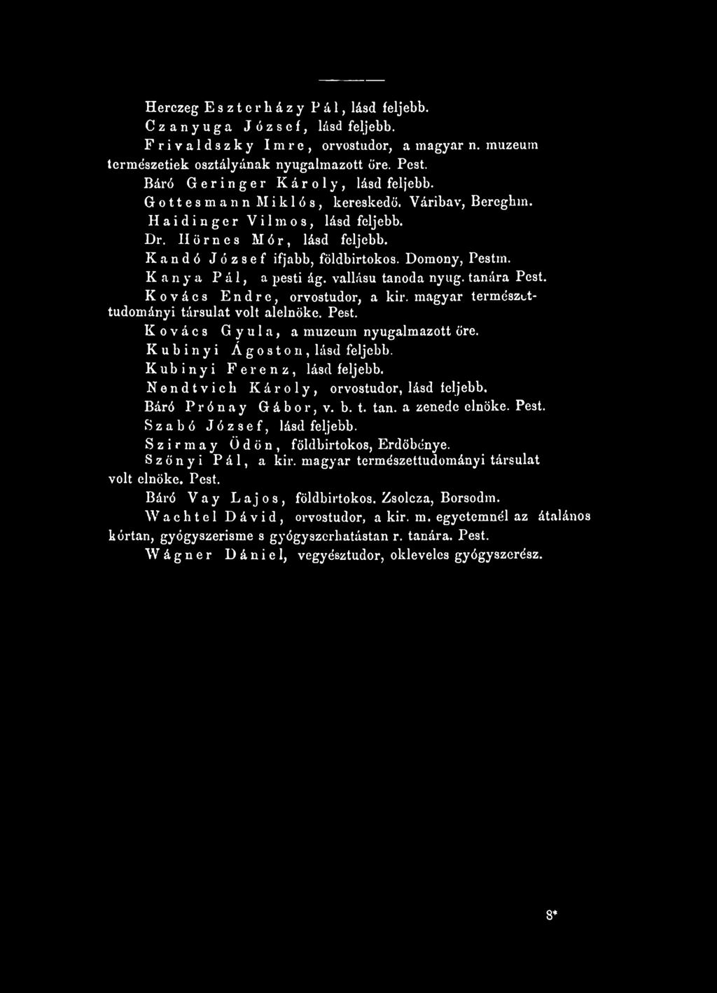 Kanya Pál, a pesti ág. vallásu tanoda nyug. tanára Pest. Kovács Endre, orvostudor, a kir. magyar természettudományi társulat volt alelnöke. Pest. Kovács Gyula, a muzeum nyugalmazott őre.